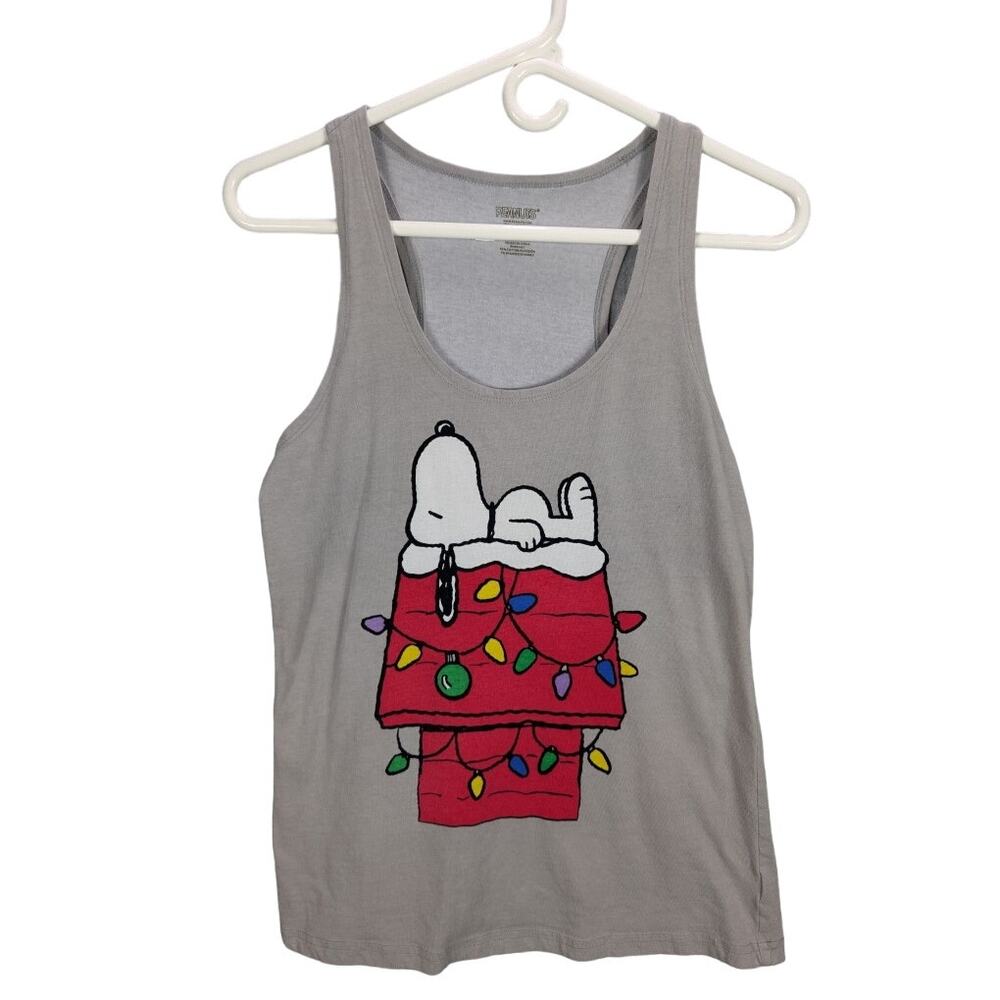 Snoopy Tank Top Womens Large Peanuts Christmas Gray Racerback Summer Cartoon